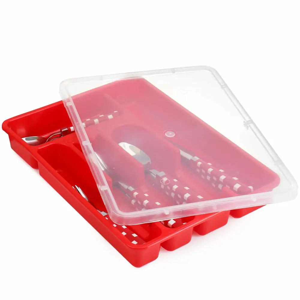 Flatware Storage Plastic Tray with Lid, Kitchen Cutlery and Accessories Box, Utensil Drawer Organizer Container with Cover, College Dorm Room Organization Essentials Holder, Red