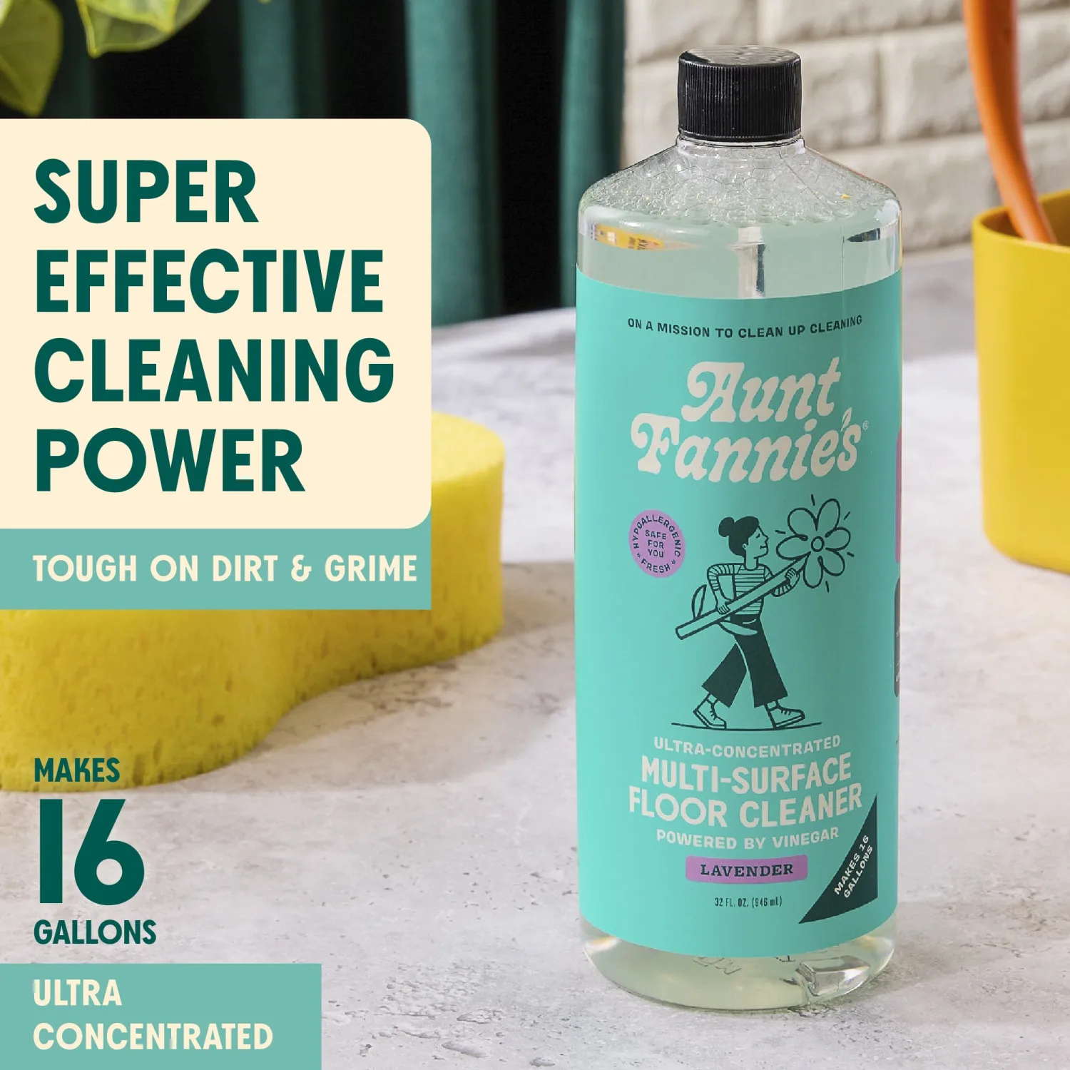 Aunt Fannie's Ultra Concentrated Floor Cleaner Vinegar Wash, Multi-Surface Floor Cleaner For Mopping, Makes 16 Gallons, Lavender Scent, 32 oz. (Pack of 1)