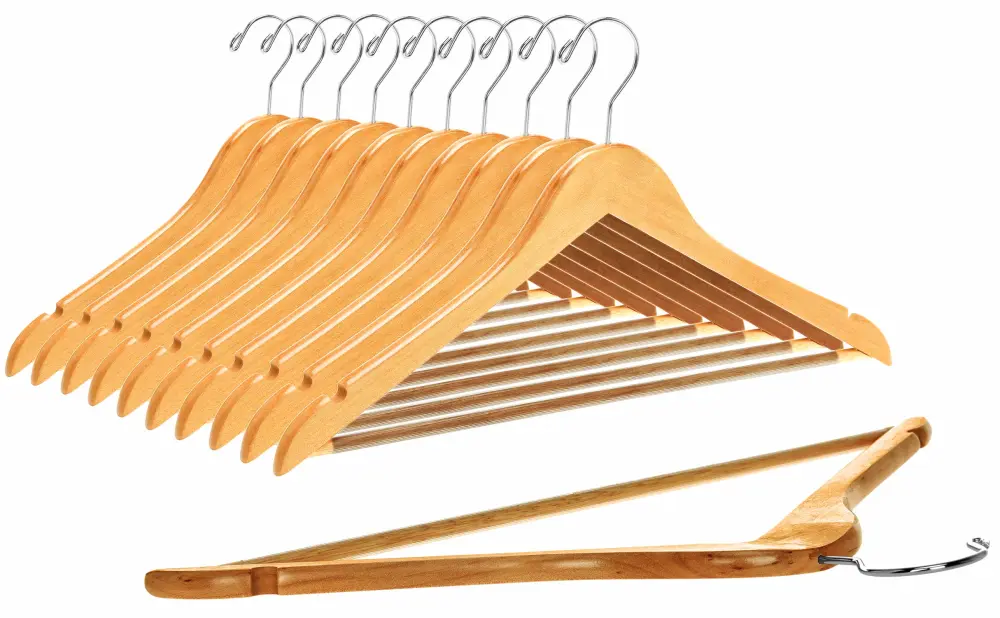 Quality Wooden Hangers - Slightly Curved Hanger Set - Solid Wood Coat Hangers with Stylish Chrome Hooks - Heavy-Duty Clothes, Jacket, Shirt, Pants, Suit Hangers (Natural, 10)