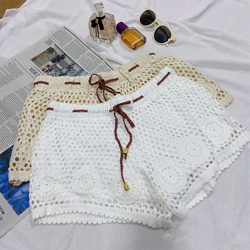 Ladies Crochet Cutout Casual Vacation Knit Shorts