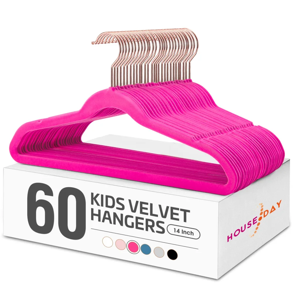 HOUSE DAY Velvet Kids Hangers, Premium Non Slip Felt Kids Clothes Hanger, Ultra Thin, 14 Inch, Hot Pink, 60 Pack