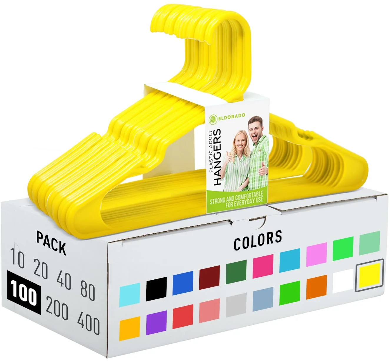 Eldorado Hangers for Adult Size Clothing, Plastic, Ideal for Everyday Standard Use Clothes, Shirts, Blouses, T-Shirts, Dresses, Jackets, Suits. Color - Yellow, Pack - 100 PCS.