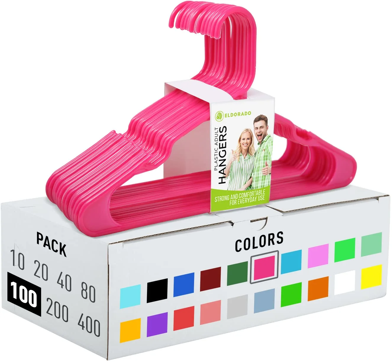 Eldorado Hangers for Adult Size Clothing, Plastic, Ideal for Everyday Standard Use Clothes, Shirts, Blouses, T-Shirts, Dresses, Jackets, Suits. Color - Hot Pink, Pack - 100 PCS.
