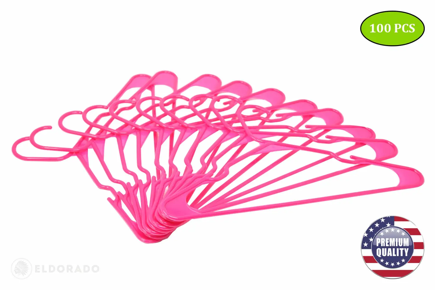 Eldorado Hangers for Adult Size Clothing, Plastic, Ideal for Everyday Standard Use Clothes, Shirts, Blouses, T-Shirts, Dresses, Jackets, Suits. Color - Hot Pink, Pack - 100 PCS.