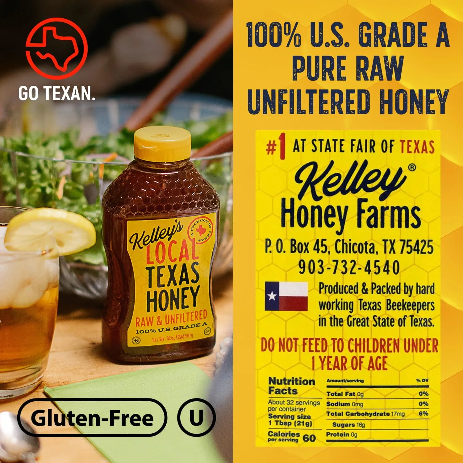Kelley's Local Texas Raw & Unfiltered Raw Honey, Pure Honey, (32 ounce)