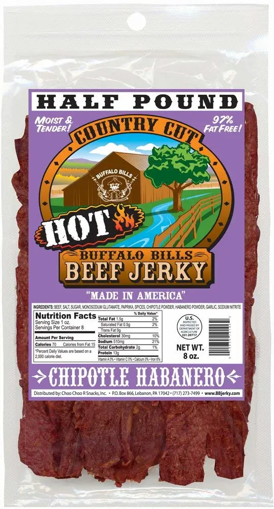 Buffalo Bills 8oz Chipotle Habanero Country Cut Beef Jerky Pack (moist & tender hot beef jerky) 8Oz