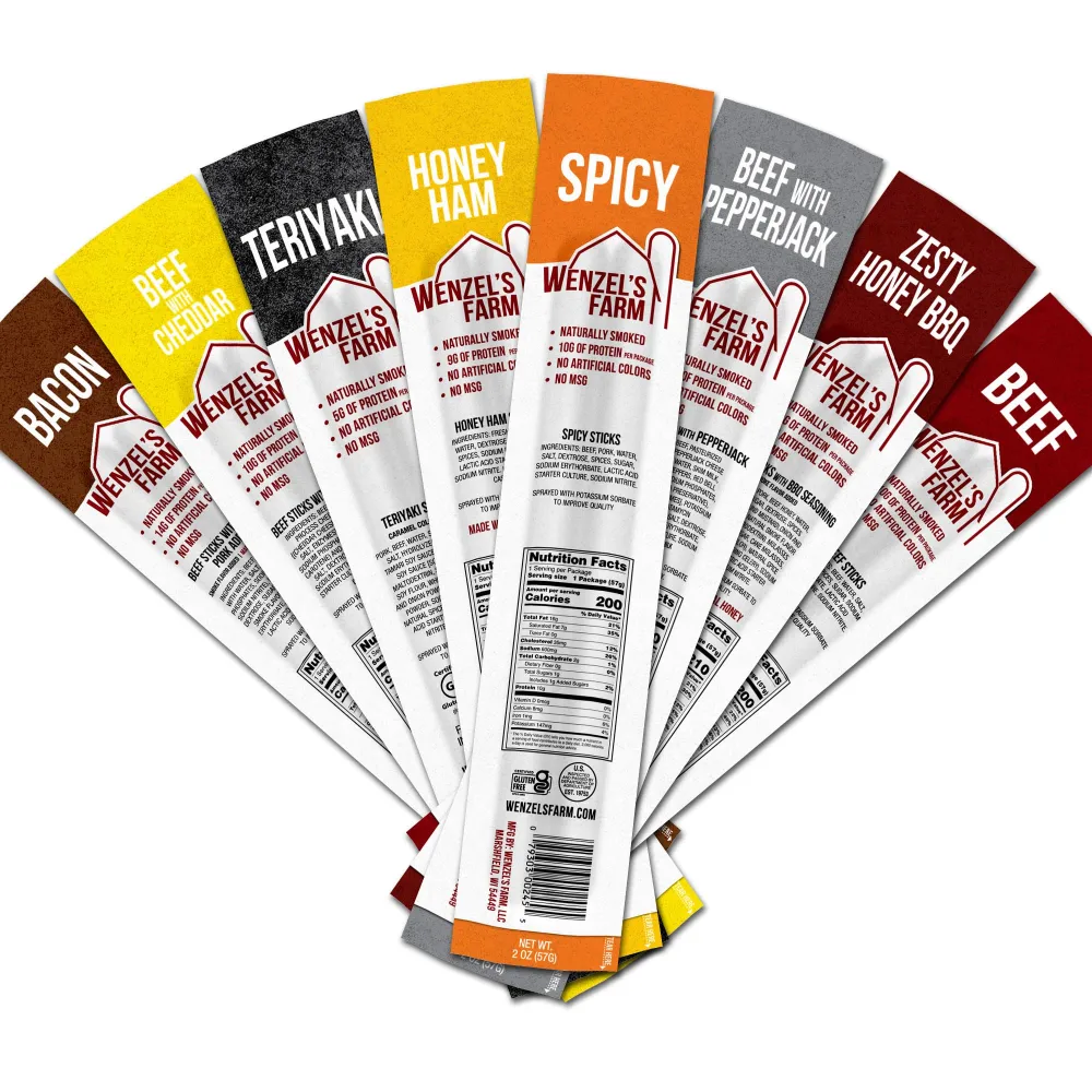 Wenzel’s Farm Meat Stick Stocking Stuffer Variety Pack │Snack Sticks │ Flavorful, Natural Smoked │ High Protein, Low Carb │ No MSG, Fillers, Binders, Artificial Colors │ Gluten Free | 16 sticks (8 packs of 2) | Original Variety Pack