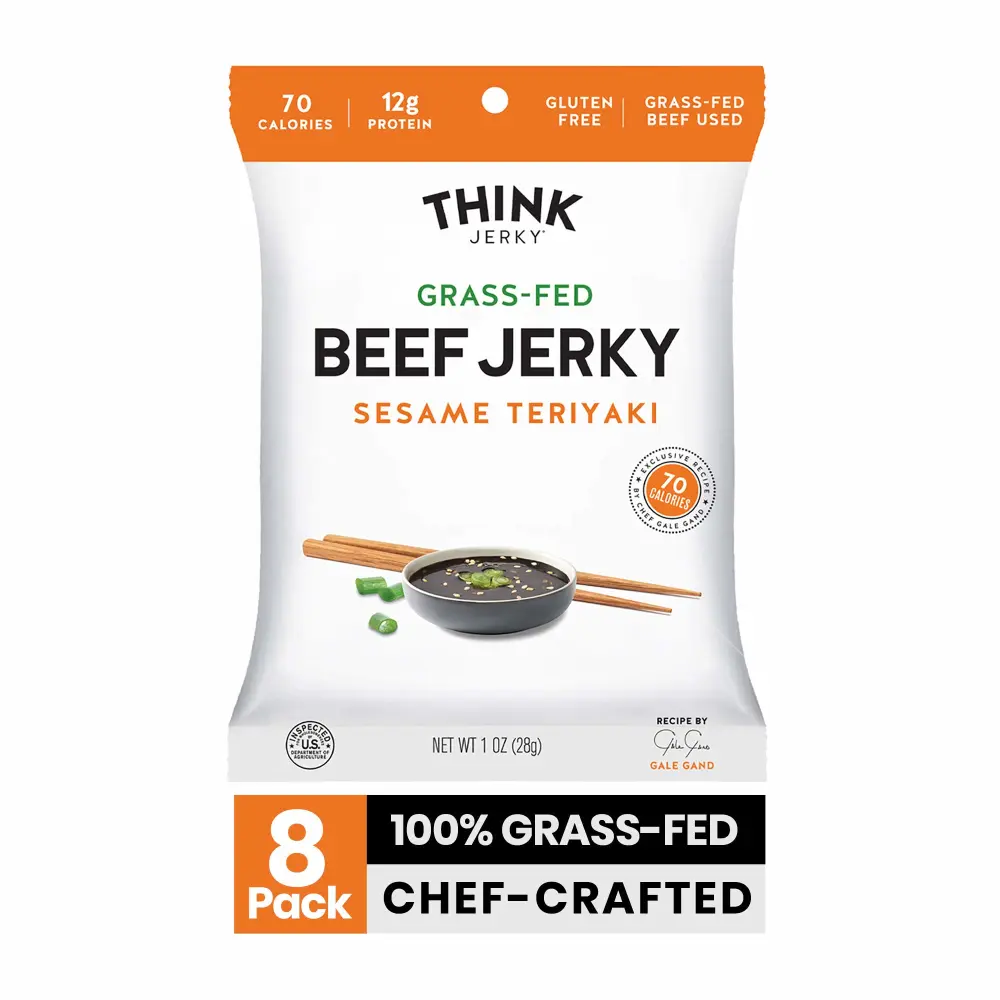 Think Jerky Sesame Teriyaki Beef Jerky, Grass-Fed High Protein Beef, Gluten Free, No Antibiotics or Nitrates, Healthy Chef Crafted Recipe, Low Calorie and Low Fat - 1.0 oz Bags, 8 Pack