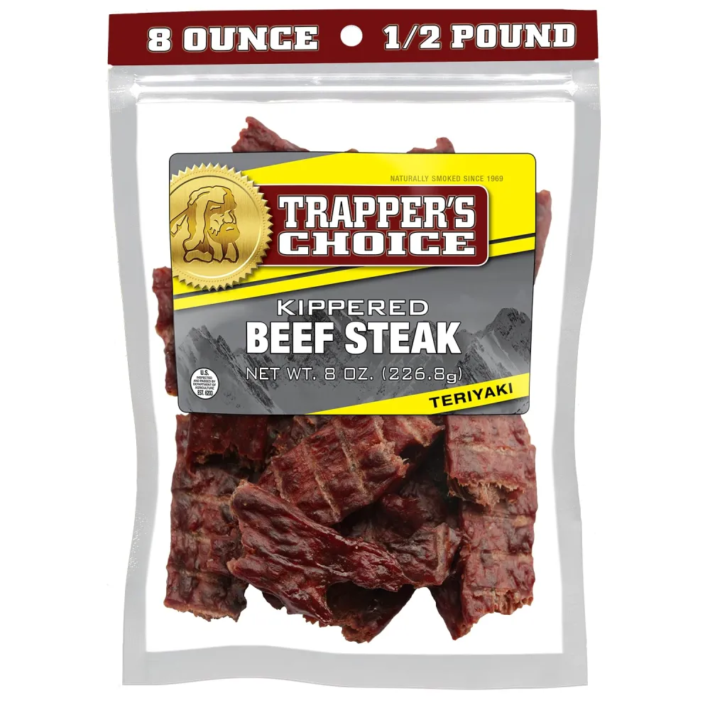 Old Trapper, Trapper's Choice Teriyaki Kippered Beef Steak, Eight-Ounce Individual Package, Savory Sweet Meat Snacks, 10 Grams of Protein and 60 Calories Per Serving (Pack of One)