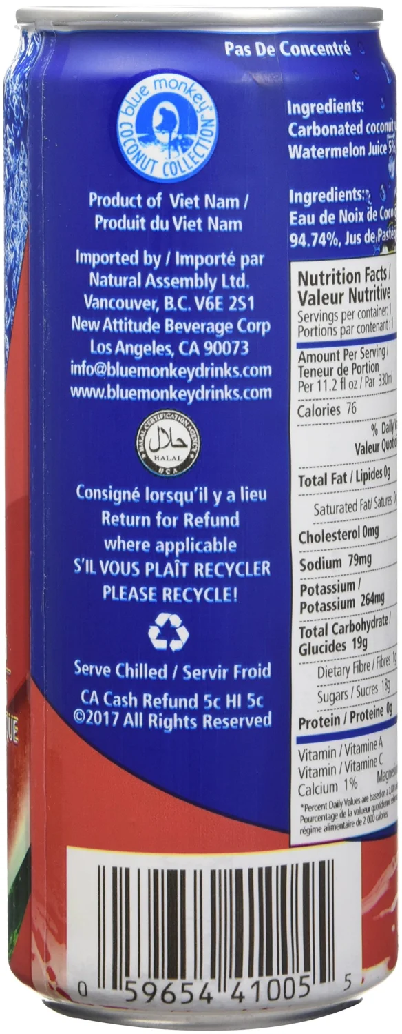 blue monkey Sparkling Coconut Juice, Watermelon, 134.4 Fl Oz (Pack of 12)