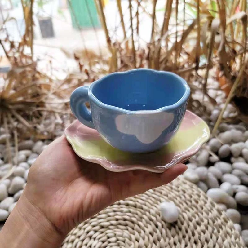 Hand Painted Blue Sky And White Clouds Coffee Cup And Saucer