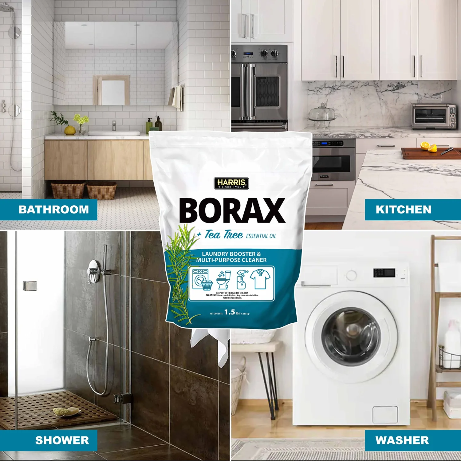 Harris Borax Laundry Booster and Multipurpose Cleaner, 1.5lb (Tea Tree)