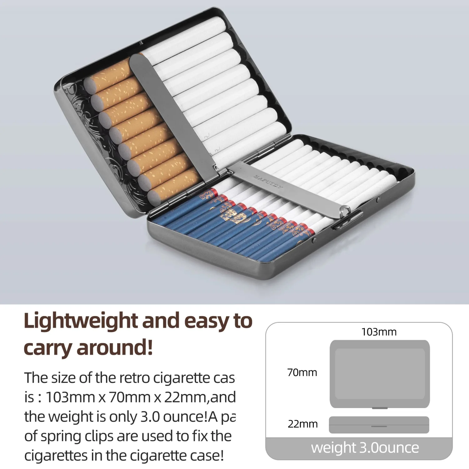 Classic Vintage Metal Cigarette Case/Storage Box, Can Hold 100’s 16 pcs (Light Black)