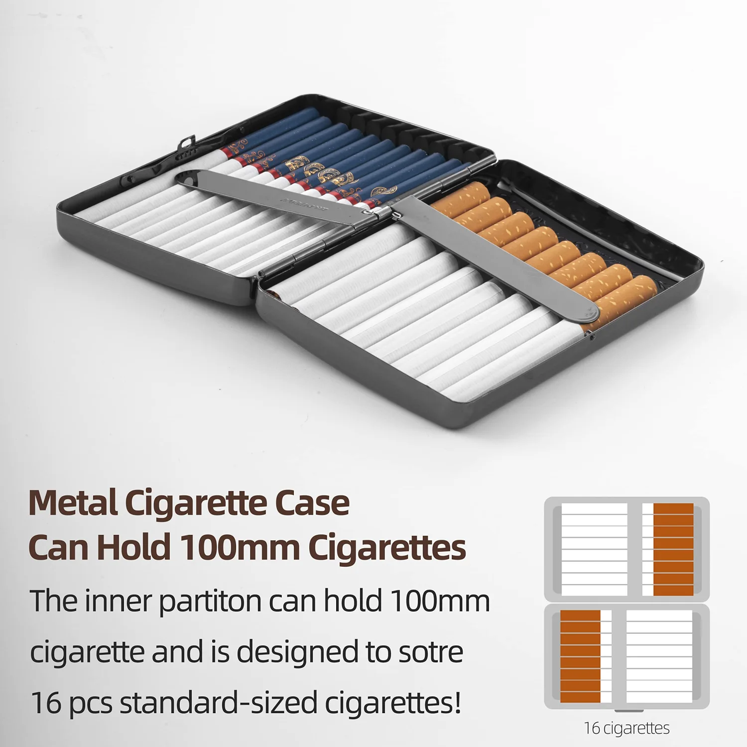 Classic Vintage Metal Cigarette Case/Storage Box, Can Hold 100’s 16 pcs (Light Black)