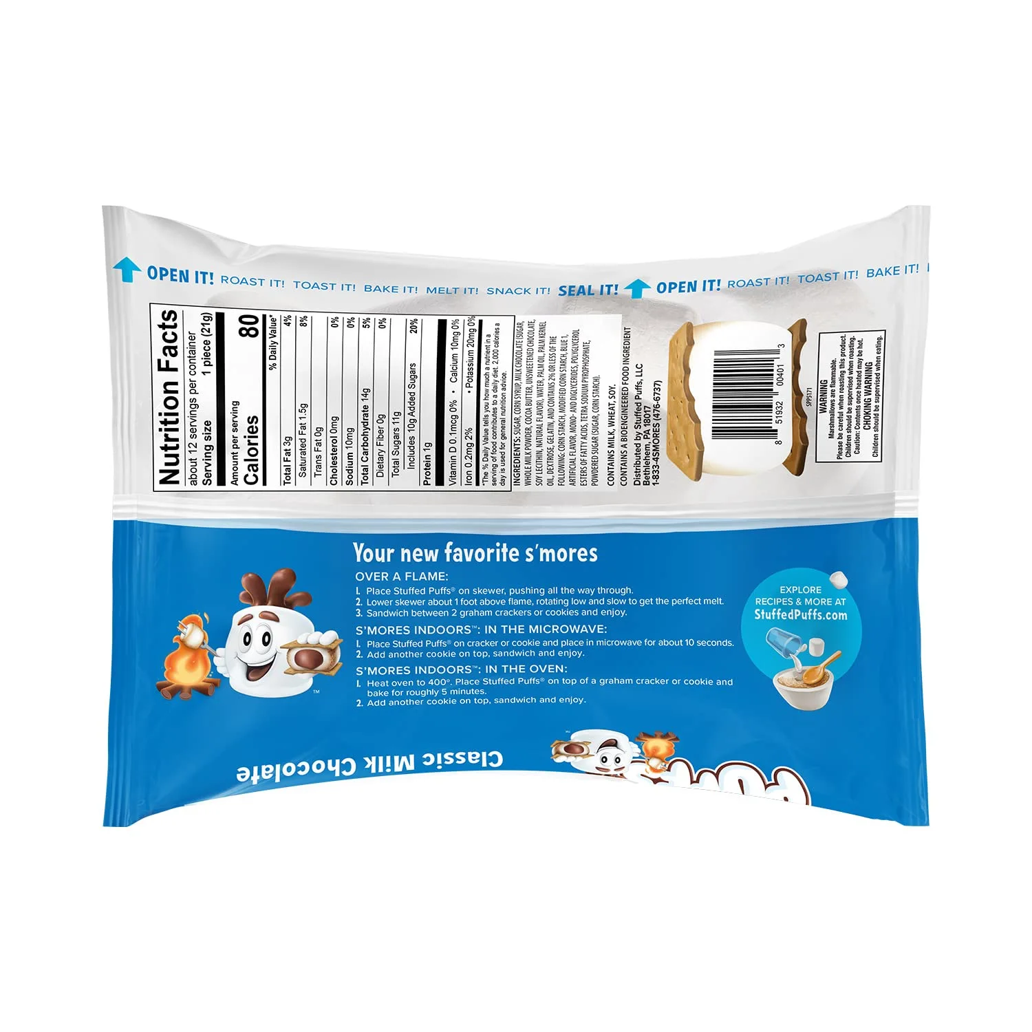 Stuffed Puffs - Classic Milk Chocolate 3 Pack, Chocolate Filled Marshmallows Made with Real Chocolate, Perfect for S'mores, 3 Bags (8.6oz each)