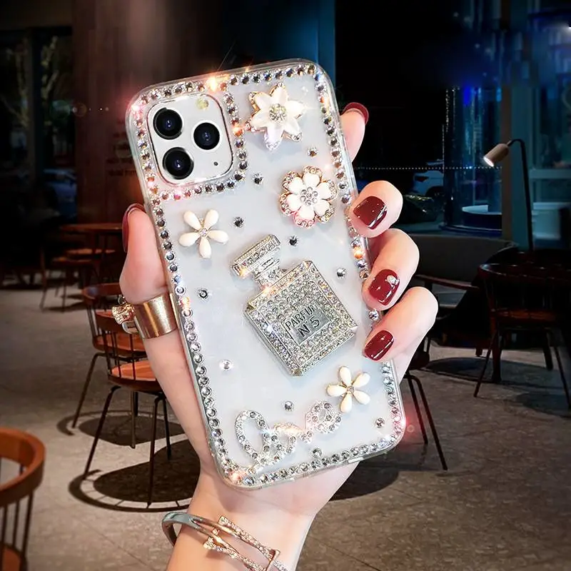 Mobile Phone Case Creative Perfume Bottle Rhinestone Flowers Transparent