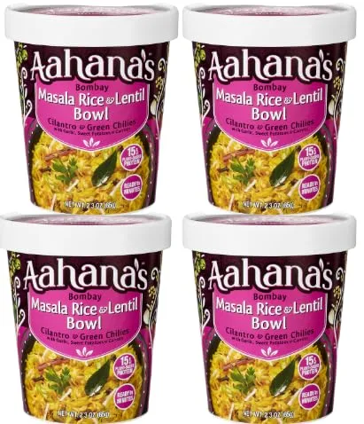 Aahana's Bombay Masala Rice & Lentil Bowl- Kitchari Vegan Meals, Gluten Free, Kosher, Plant-Based, Meals Ready To Eat Indian Food & Vegetarian Food | Just Add Water Meals, No Refrigeration (4 Pack)