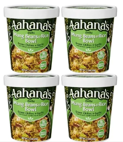 Aahana's Delhi Mung Beans & Rice Bowl –Vegan Food, Gluten Free Meals, Kosher, Non-GMO, Plant-Based, Premade Meals Ready To Eat Indian Food & Vegetarian Food | Just Add Water, No Refrigeration (4 Pack)