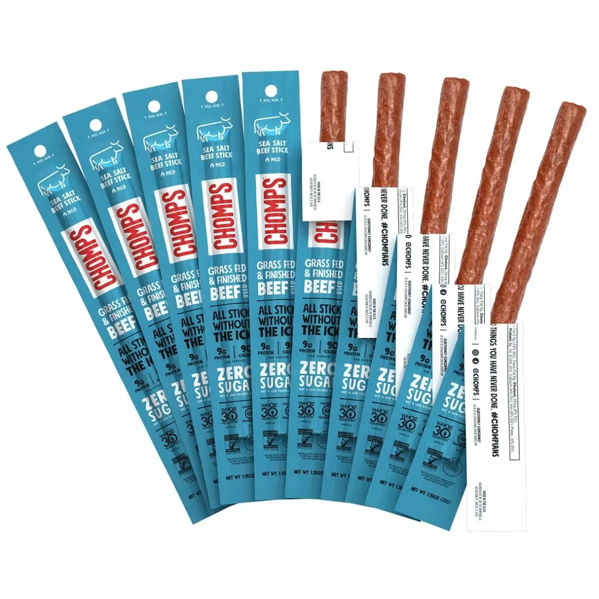 CHOMPS Grass Fed Beef Jerky Meat Snack Sticks, AIP Diet Compliant, Keto, Paleo, Whole30 Approved, Low Carb, Gluten Free, Sugar Free, 90 Calories 1.15 Oz Sticks, Sea Salt Beef 10 Pack