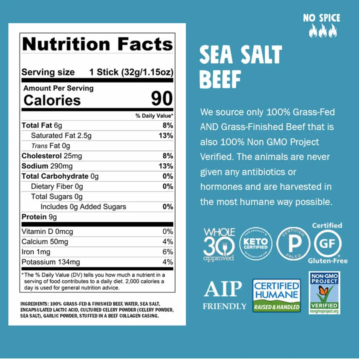 CHOMPS Grass Fed Beef Jerky Meat Snack Sticks, AIP Diet Compliant, Keto, Paleo, Whole30 Approved, Low Carb, Gluten Free, Sugar Free, 90 Calories 1.15 Oz Sticks, Sea Salt Beef 10 Pack