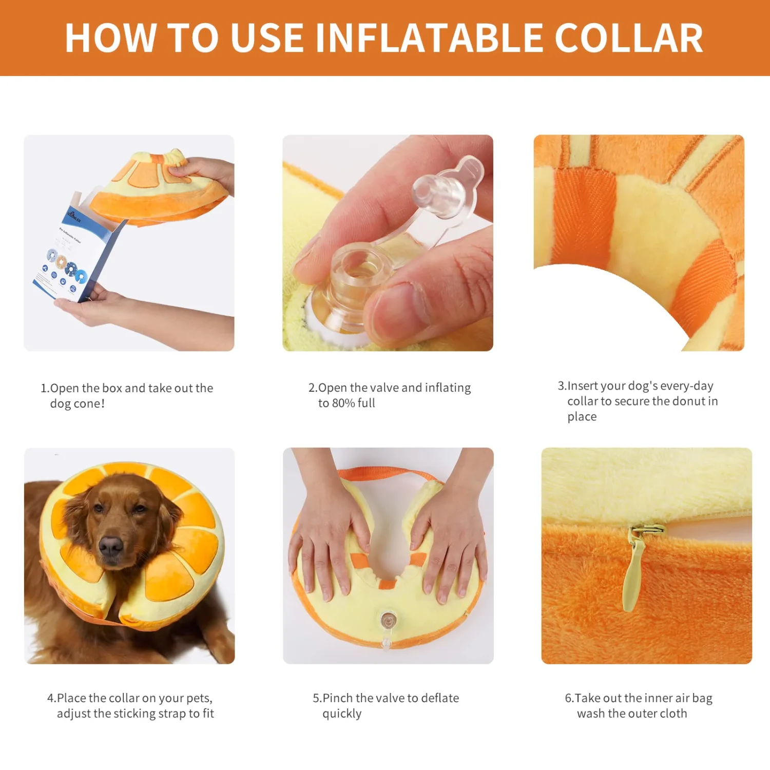 IEUUMLER Inflatable Recovery Dog Collar, Protective Donut Cone, Adjustable Soft Collar for Dog and Cat After Surgery Prevent from Biting & Scratching EU002 - Orange M