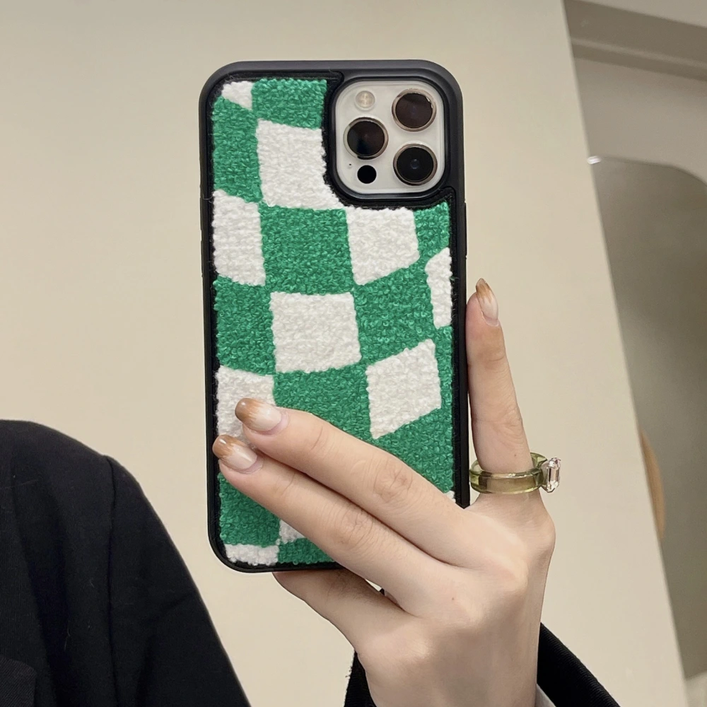 White And Green Checkerboard Plush Phone Case