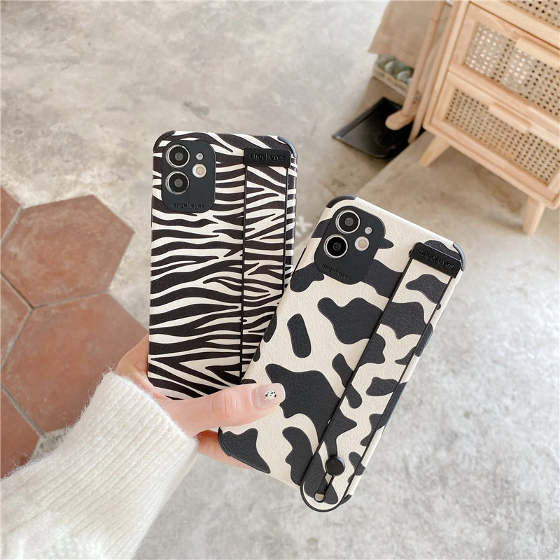 Cow Pattern Wrist Strap Soft Phone Case