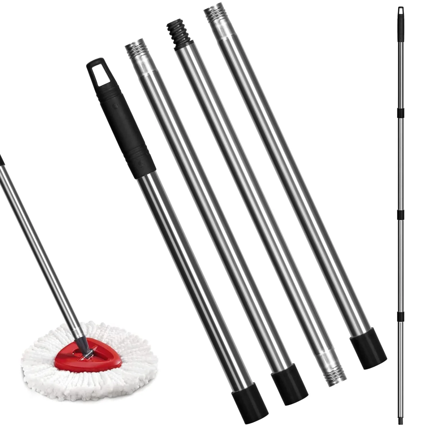 Qulable Spin Mop Replacement Handle - 4-Section 30" to 58" Mop Handle Replacement Stick Compatible with O-Ceda Spin Mop, EasyWring Mop Handle for Floor Cleaning (Mop Handle - Black)