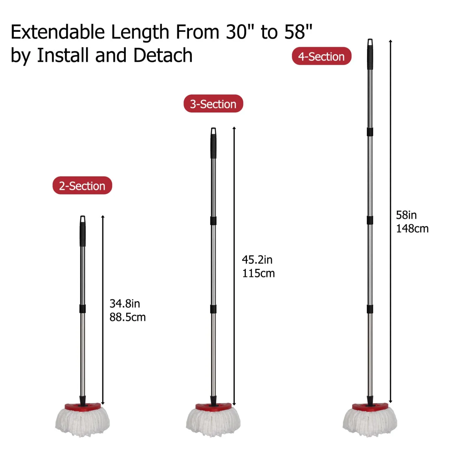 Qulable Spin Mop Replacement Handle - 4-Section 30" to 58" Mop Handle Replacement Stick Compatible with O-Ceda Spin Mop, EasyWring Mop Handle for Floor Cleaning (Mop Handle - Black)