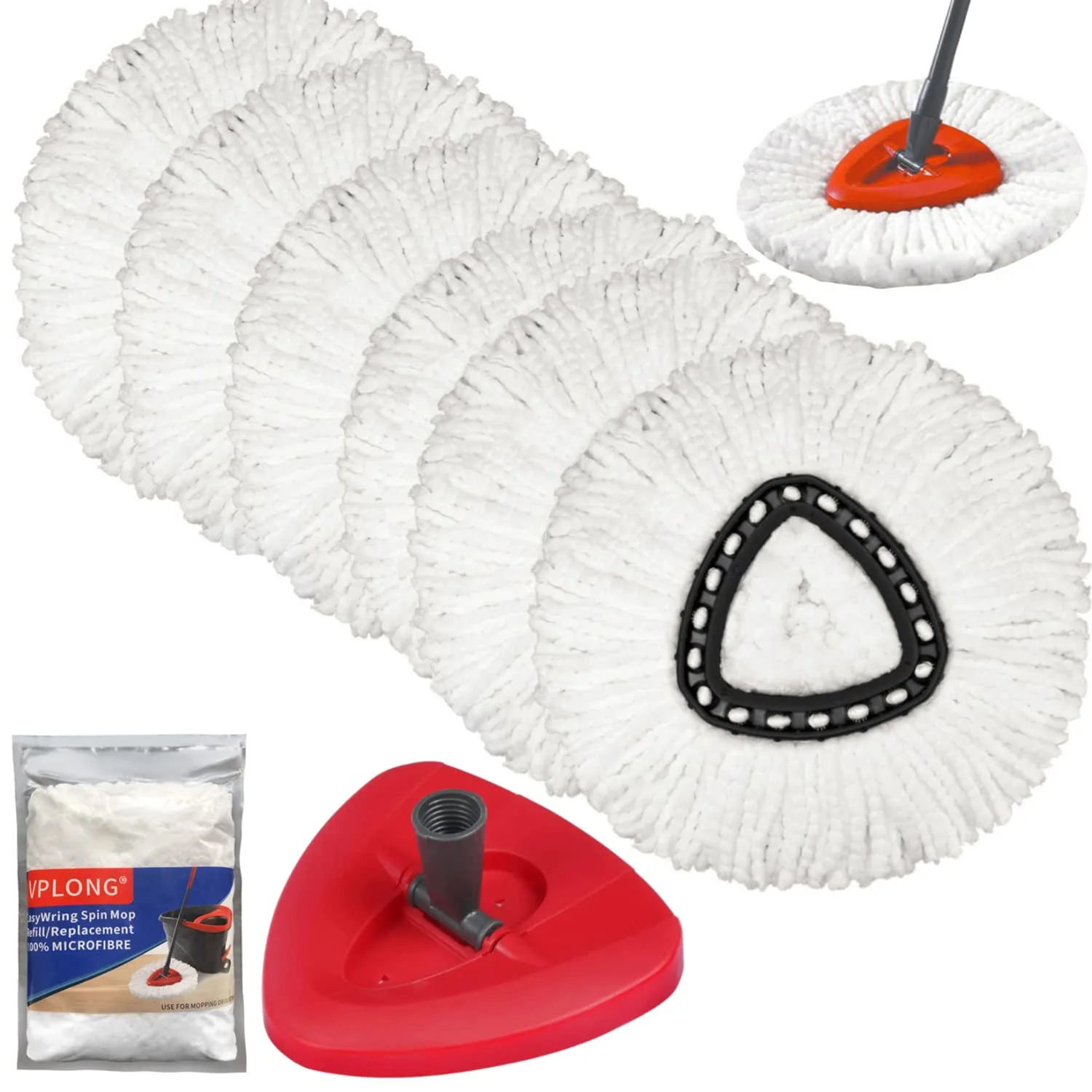 6Pack Spin Mop Heads Replacements +1 Mop Base for O Cedar Spin Mop, Easy Cleaning Spin Mop Refills Microfiber Mop Heads, 360Degree Easy Wring Dust Mop Head Replacement for Floor Cleaning