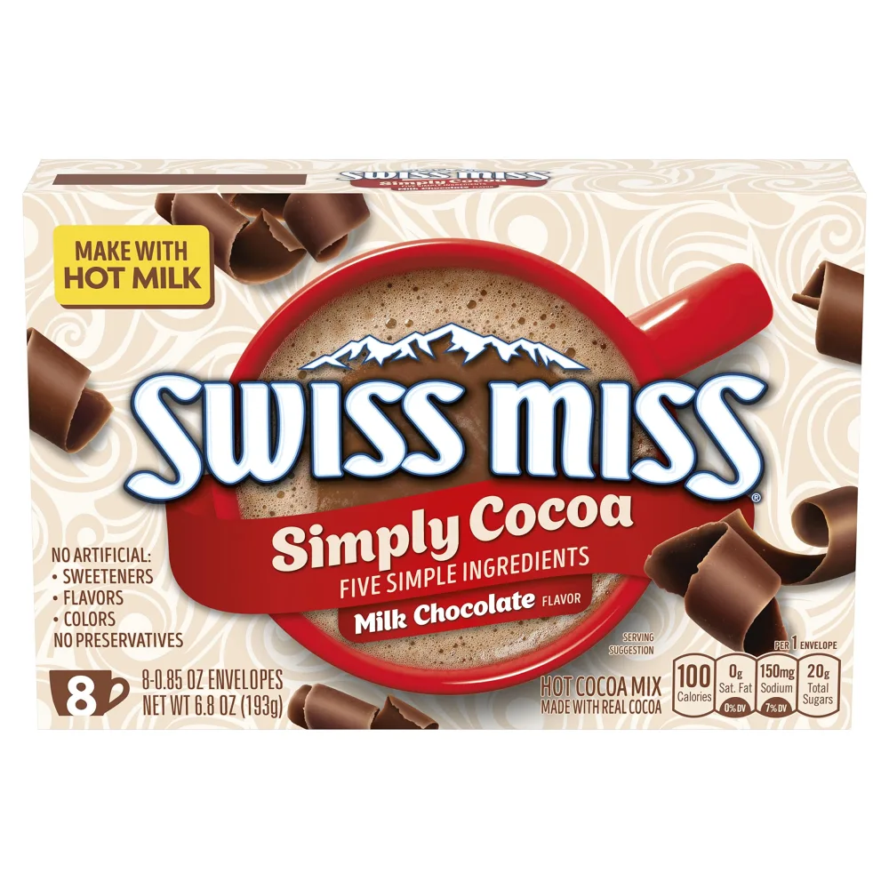 Swiss Miss Simply Cocoa Milk Chocolate Flavor Hot Cocoa Mix, 0.85 oz. 8-Count (Pack of 12)