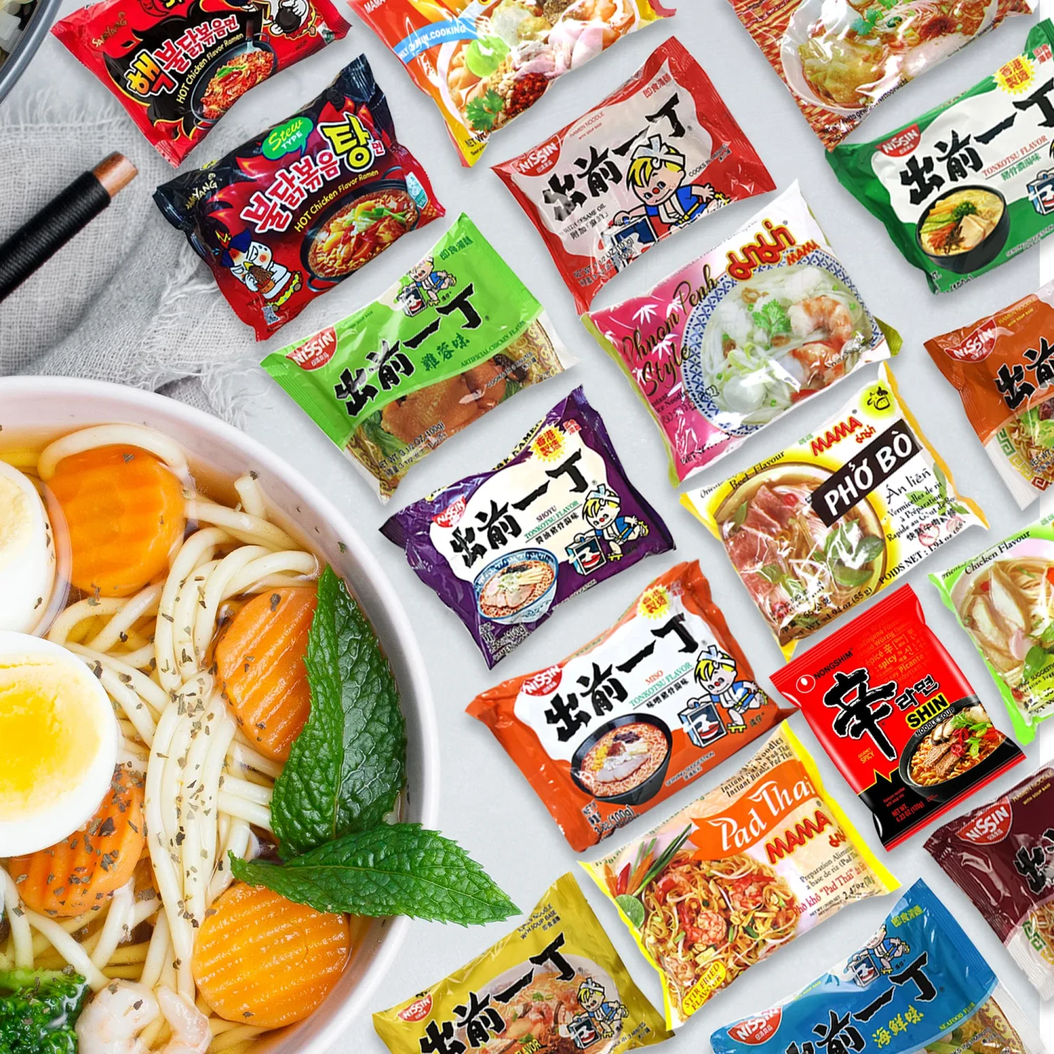 INFINITEESHOP Asian Instant Noodles Variety Pack, Hao Hao, Mama | Free Snacks Included,10 Pack Ramen Student Care Package, Birthday Treat for Adults
