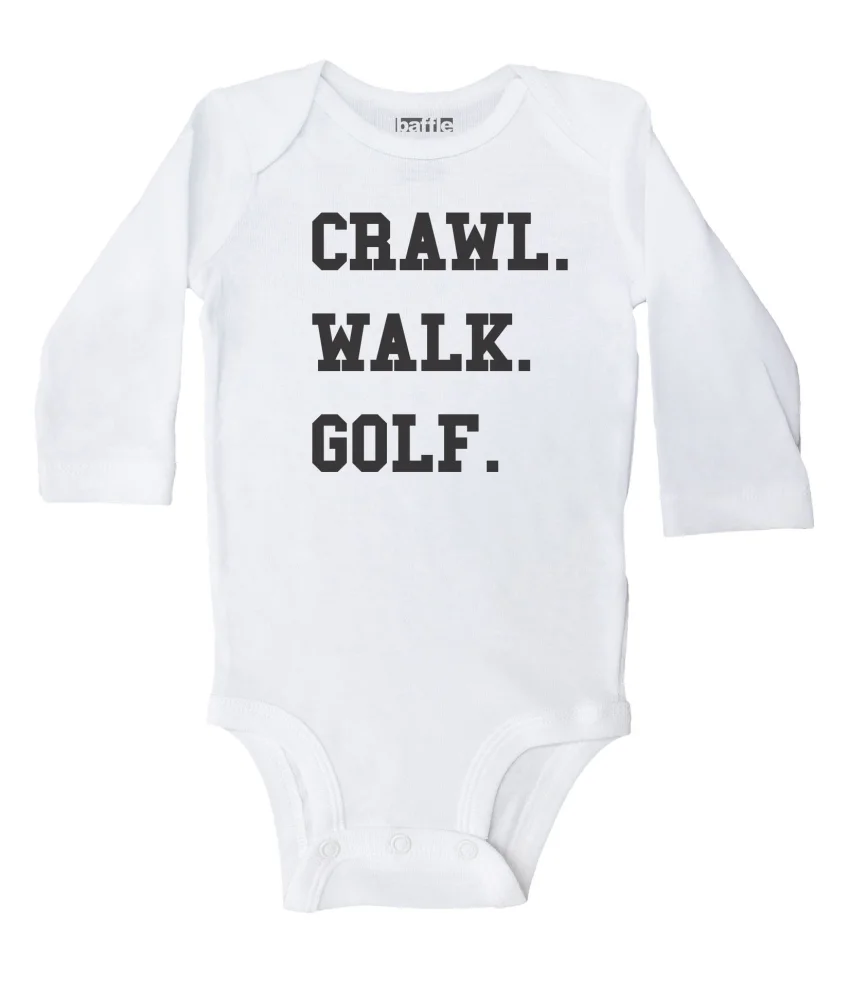 Baffle | Compatible with Onesies Brand Baby Bodysuit | Funny Baby Apparel | Crawl. Walk. Golf. | Long Sleeve Unisex Romper