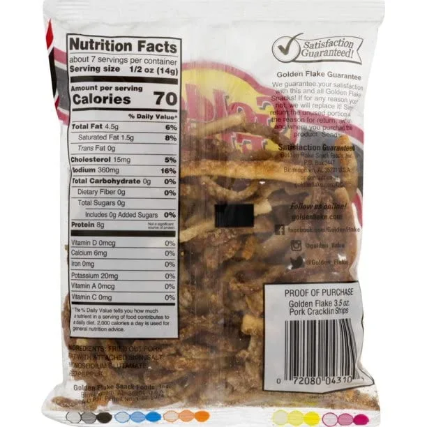 Golden Flake Pork Cracklins W/Red Pepper Seasoning 3.25 oz (Pack 8)
