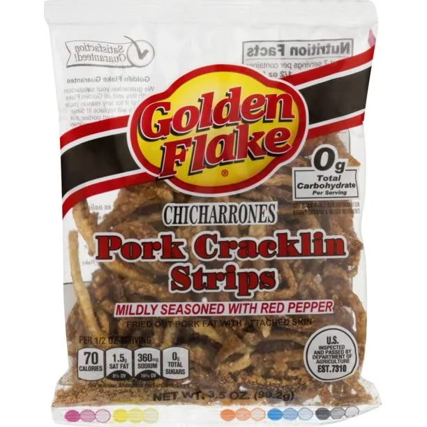 Golden Flake Pork Cracklins W/Red Pepper Seasoning 3.25 oz (Pack 8)