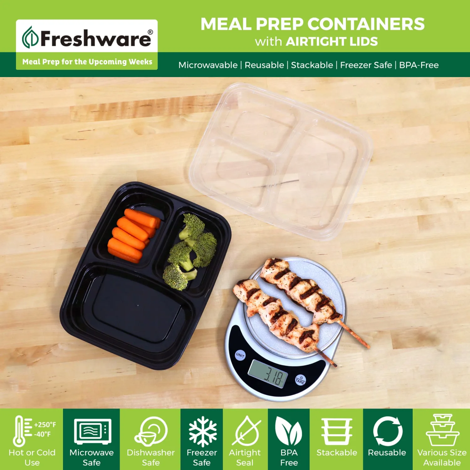 Freshware Meal Prep Containers [21 Pack] 3 Compartment with Lids, Food Storage Containers, Bento Box, BPA Free, Stackable, Microwave/Dishwasher/Freezer Safe (24 oz)