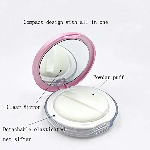 Plastic Loose Powder Compact Container with Velvet Powder puff Mirror and Elasticated Net Sifter,Empty Reusable Powder box, 5g Portable DIY Makeup Powder case