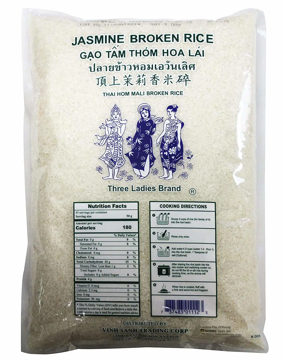 5 Pounds Three Ladies Brand Jasmine Broken Rice (One Bag)