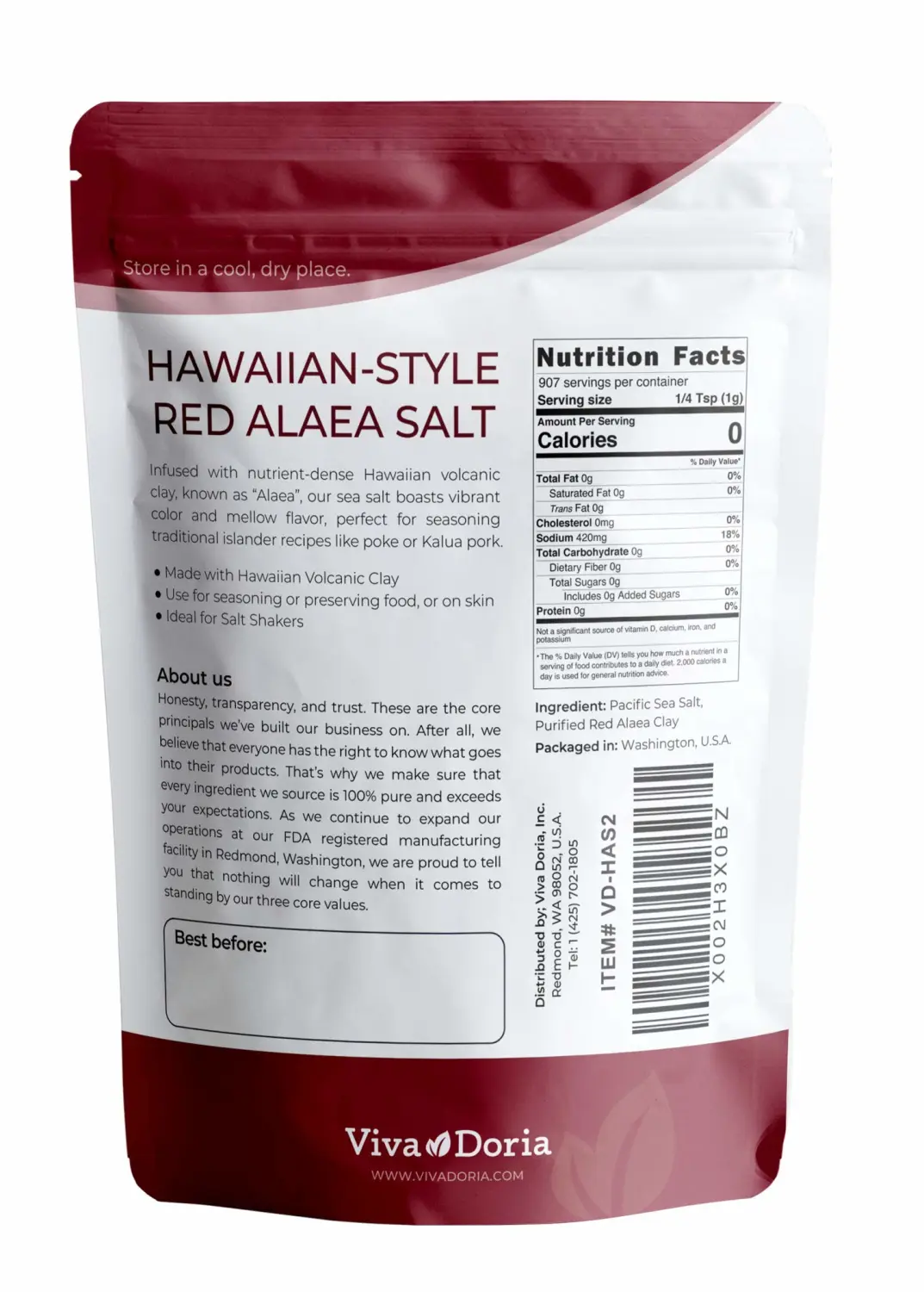 Viva Doria Hawaiian Red Alaea Sea Salt, Fine Grain, 2 lb (907 g)