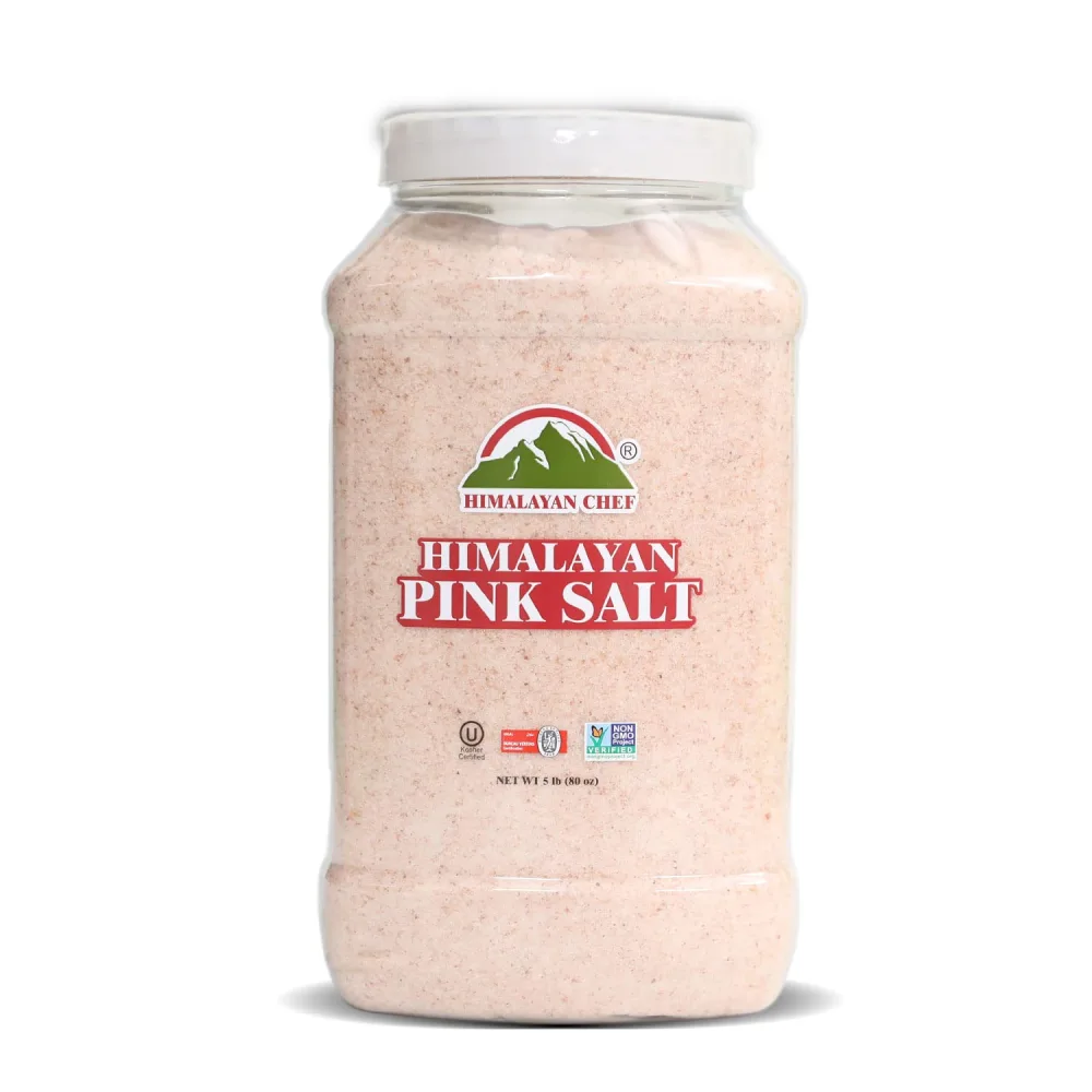 Himalayan Chef Himalayan Pink Salt - 5 lbs Fine Grain Plastic Jar - Kosher and Vegan Certified, 100% Natural and Pure Gourmet Crystal - Contains 84 Essential Minerals