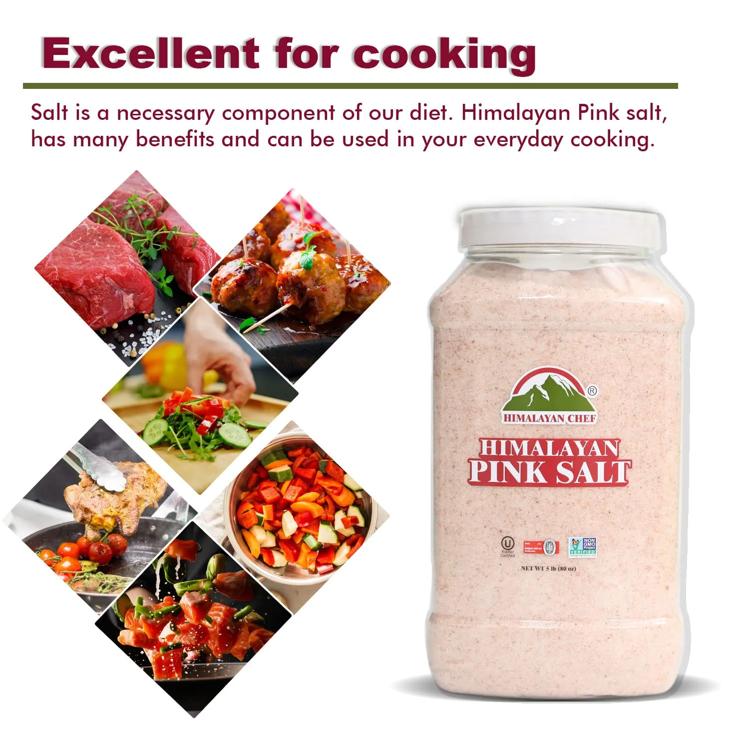 Himalayan Chef Himalayan Pink Salt - Fine Grain, 5 lbs Plastic Jar - Kosher and Vegan Certified, 100% Natural and Pure Gourmet Crystal - Contains 84 Essential Minerals