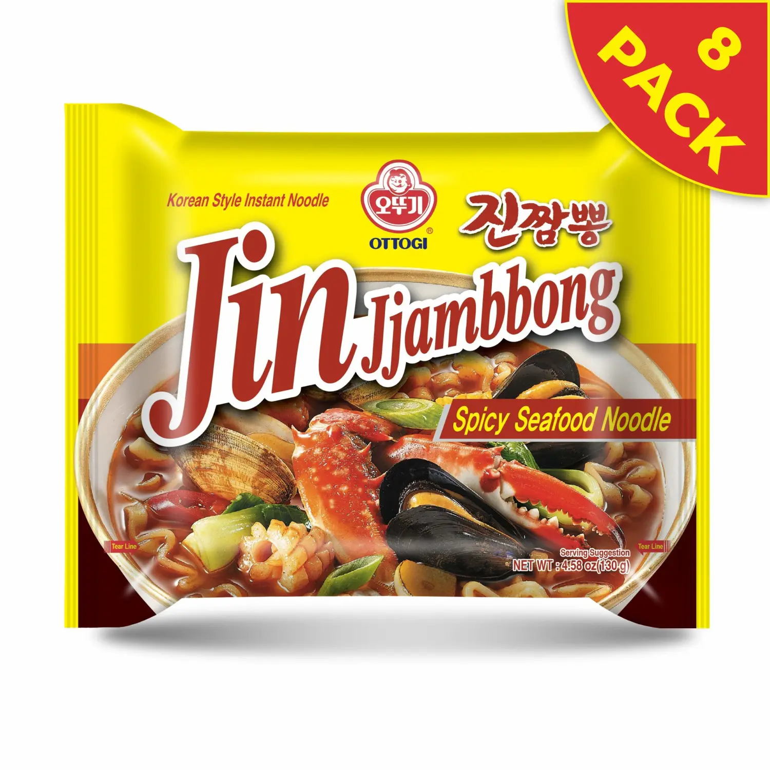 OTTOGI Jin Jjamppong, Korean Style Spicy Seafood Ramen Instant Noodle, 4.58oz x 8 Pack
