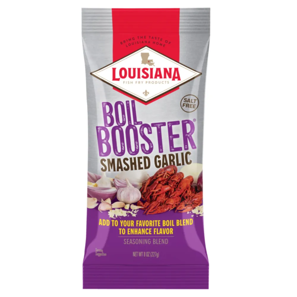 Louisiana Fish Fry Products Smashed Garlic Boil Booster - Garlic and Onion Flavors - Crab, Shrimp, Crawfish Seasonings, Mix and Spice Enhancer - Low Salt Cajun Seasoning 8 oz (Pack of 1 Sachet)