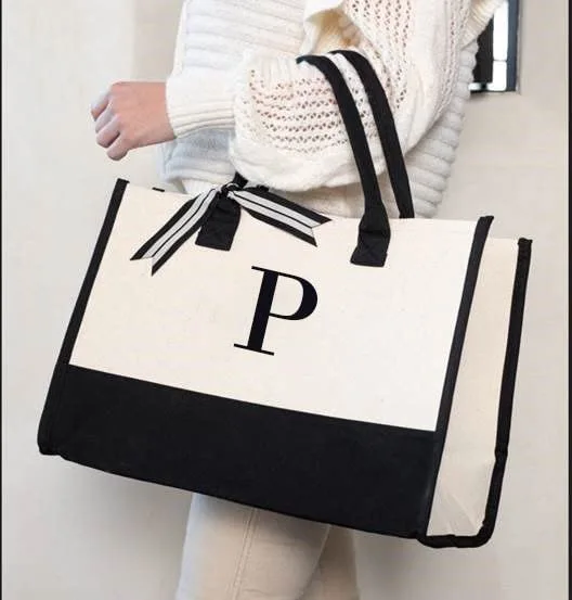 Mud Pie Classic Black and White Initial Canvas Tote Bags (P), 100% Cotton, 17" x 19" x 2"