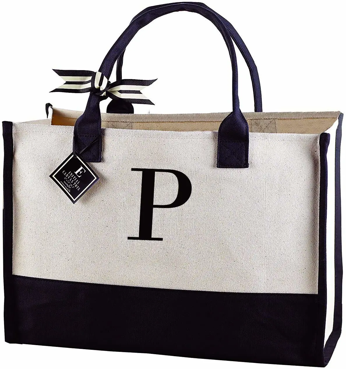 Mud Pie Classic Black and White Initial Canvas Tote Bags (P), 100% Cotton, 17" x 19" x 2"