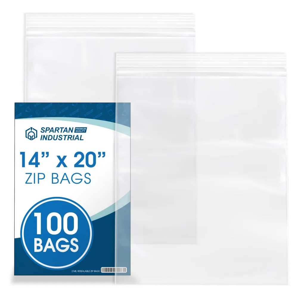 Spartan Industrial - 14” X 20” (100 Count) 2 Mil Clear Reclosable Zip Plastic Poly Bags with Resealable Lock Seal Zipper