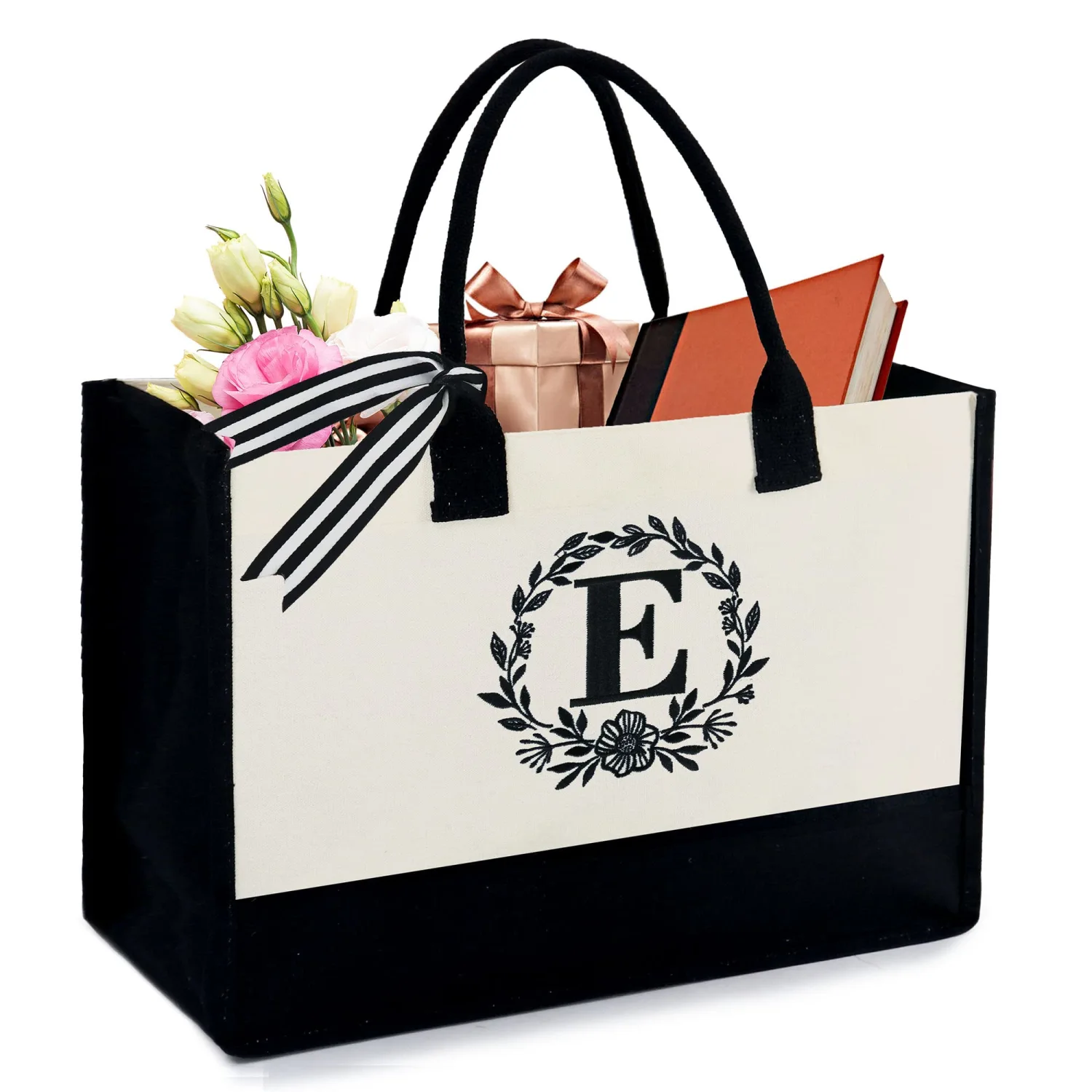 BeeGreen 13OZ Canvas Initial Tote Bag with Zipper Pocket Embroidery Monogrammed Personalized Birthday Gifts for Women