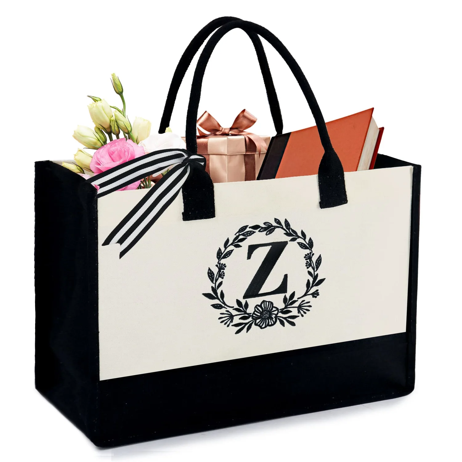 BeeGreen 13OZ Canvas Initial Tote Bag with Zipper Pocket Embroidery Monogrammed Personalized Birthday Gifts for Women