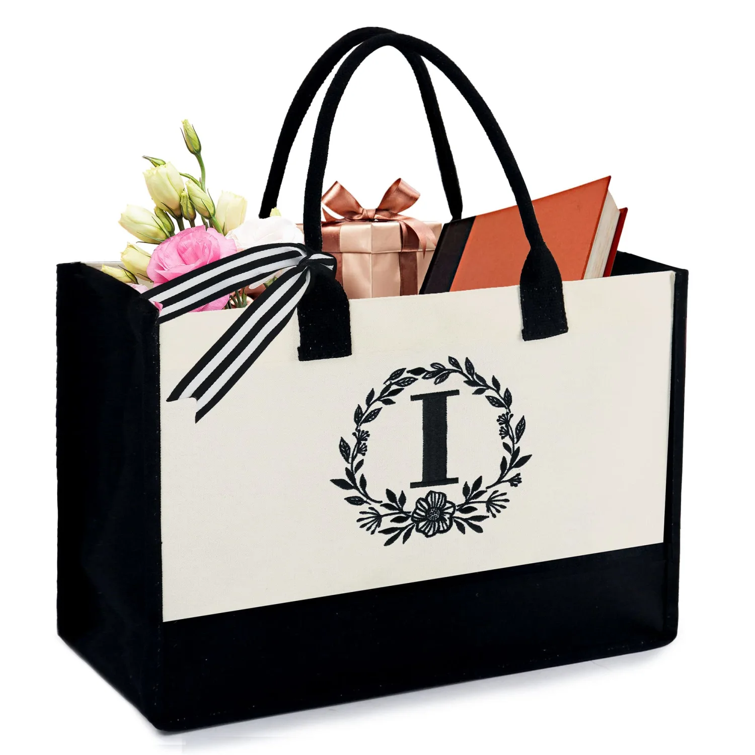 BeeGreen 13OZ Canvas Initial Tote Bag with Zipper Pocket Embroidery Monogrammed Personalized Birthday Gifts for Women