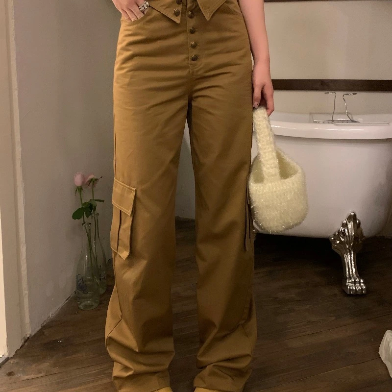 Button Design High Waist Slim Pocket Wide Leg Straight Casual Pants